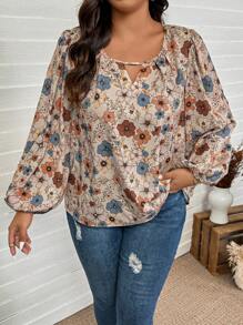 SHEIN LUNE Camisa con estampado floral de manga farol informal para tallas grandes, adecuada para conjuntos de estilo boho, vaquera, hippie, bohemio y occidental para mujer en otoño, verano y primavera, especialmente para festivales, vacaciones de primavera y raves.