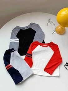 SHEIN Set de 3 piezas de jersey de manga larga a rayas de multicolor, estilo universitario informal, adecuado para usar en casa y al aire libre, para niño/niña, otoño/invierno - Multicolor - Ver 4