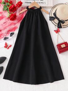Tween Girl Solid Belted Halter Dress - Black - View 7