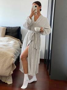 DAZY Striped Loose Lapel Belt Waist Cinched Mid-Length Bathrobe Pajama