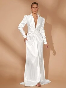 Lumalex 春季情人节冬季假期冬季春季聚会宴会聚餐优雅高贵高端缎面收腰长款女士派对夹克 - 白色 - 查看 1