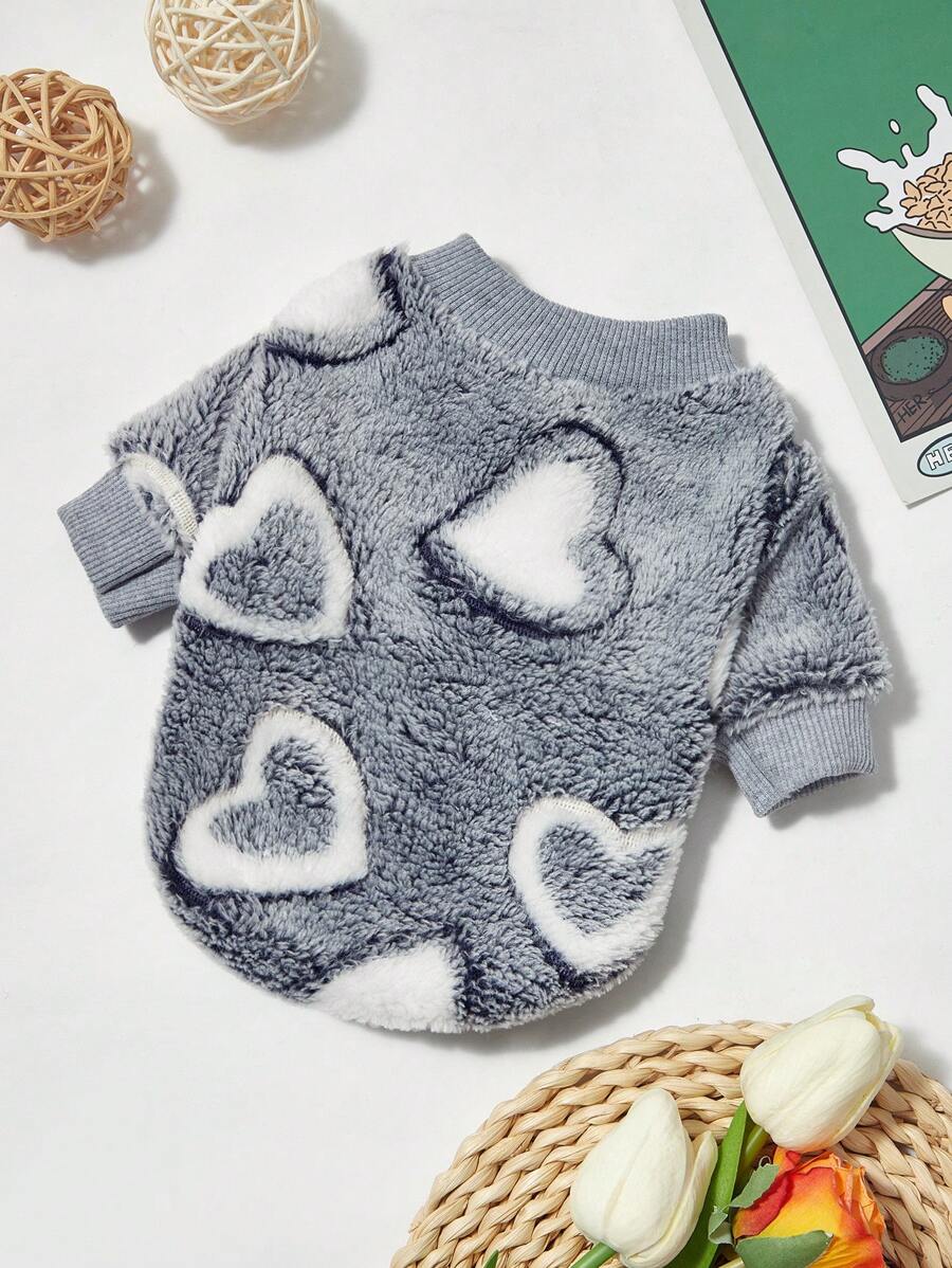 PETSIN 1 件宠物猫狗毛绒抓绒星星爱心印花保暖圆领衫 - 彩色 - 查看 1