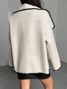 SHEIN EZwear Women Double-Breasted Contrast Trim Long Sleeve Coat - Apricot - View 2