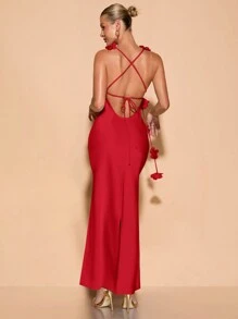 SHEIN BAE 女士花卉细肩带露背垂褶领节日连衣裙、派对/婚礼礼服、秋季 - 紅色 - 查看 2