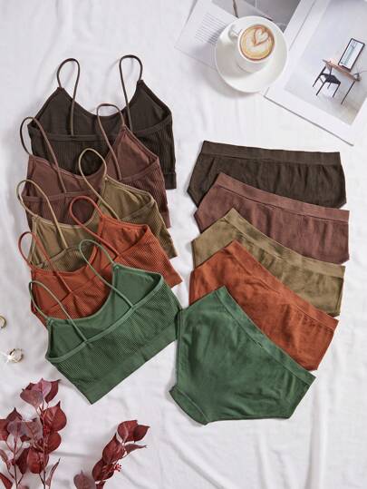 Women Solid Ribbed Cami Com Underwear Set view 2