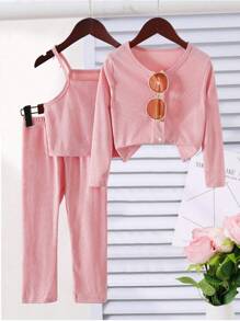 SHEIN 女孩休闲简约圆领落肩长袖短款开衫和松紧腰直腿裤背心纯色两件套，秋季 - 粉色 - 查看 1