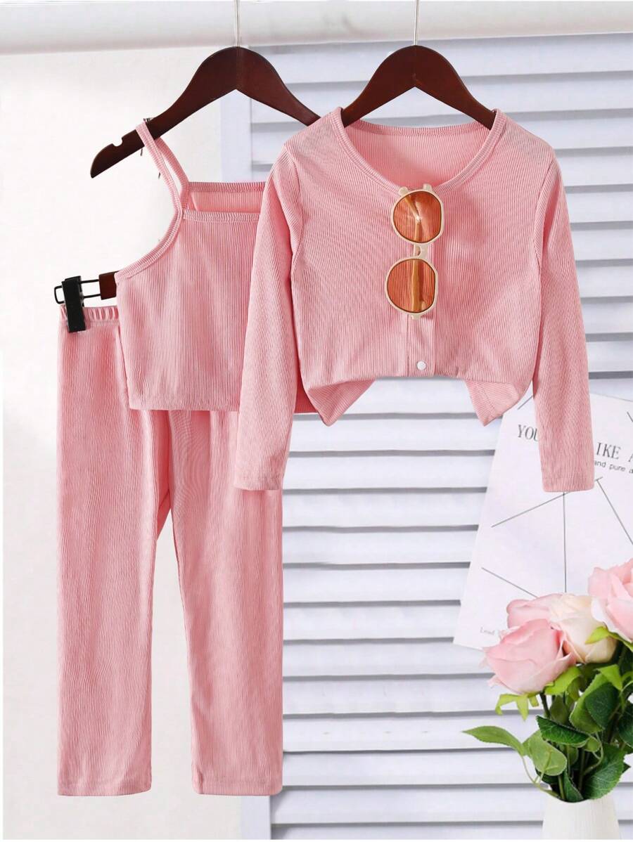 SHEIN 女孩休闲简约圆领落肩长袖短款开衫和松紧腰直腿裤背心纯色两件套，秋季 - 粉色 - 查看 1