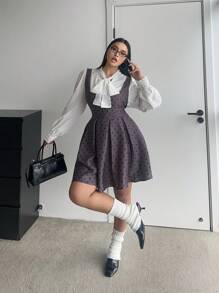 Flirla 1 pieza Conjunto de vestido y blusa con cuello con volantes y lazo, estilo vintage, gris, tallas grandes, que estilizan la cintura - Multicolor - Ver 6