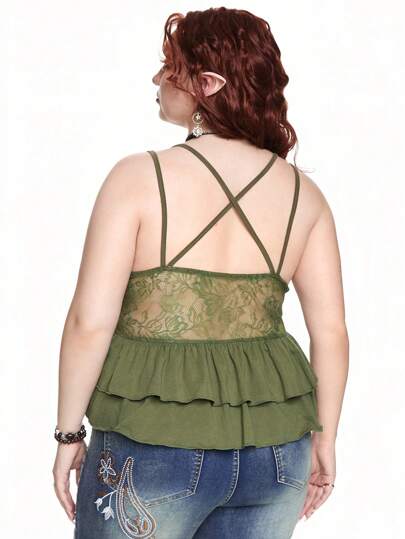 Fairycore Plus Size Fairy Autumn/Winter Lace Trim V-Neck Top & Camisole Set, Green For Summer