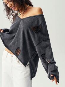 Bohemela 女士休闲纯色 V 领长袖宽松水洗 T 恤