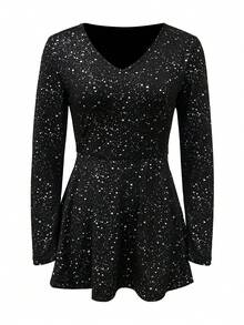 Women's Casual Elegant Dot Print V-Neck Long Sleeve Ruffle Hem T-Shirt For Home - Black - View 3