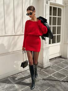 Chiquease Nouvelle robe pull près du corps cintrée à la taille, col rond, couleur unie, sexy, pour le Nouvel An - Rouge - Voir 7