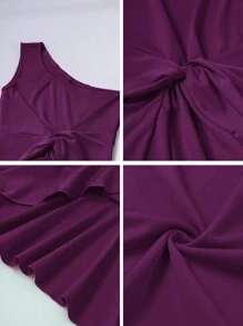 EMERY ROSE Ladies' Solid Color One Shoulder Waist Buttons Ruffle Hem Split Hem Elegant Dress Maxi Women Outfit - Purple - View 5