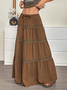 SHEIN EZwear Women's Solid Color Lace Patchwork Ruffle Hem Casual Holiday Skirt - Brown - View 3