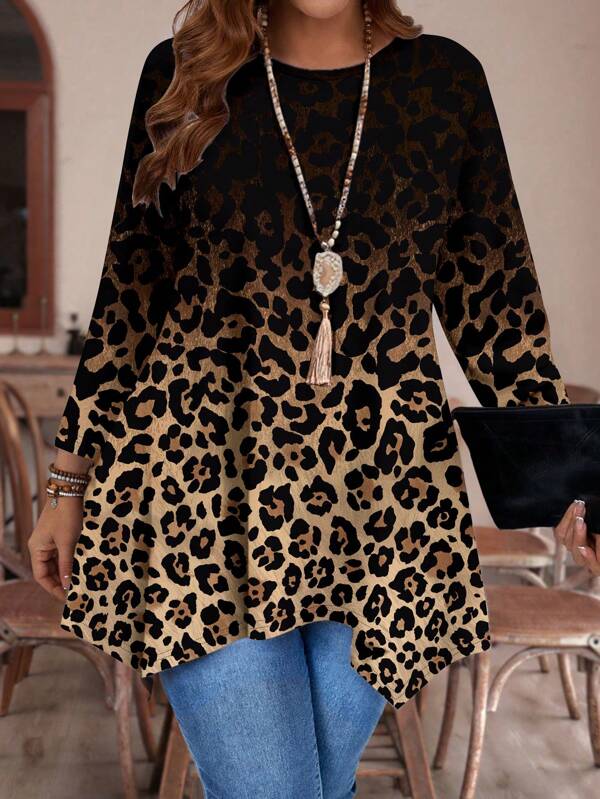 EMERY ROSE Plus Size Women Casual Asymmetrical Hem Round Neck Loose 3/4 Sleeve T-Shirt, Autumn/Winter Leopard Print