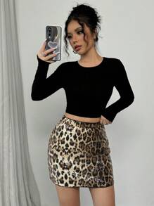Chiquease Women's High Waist Sequin Bodycon Leopard Print Mini Skirt - Multicolor - View 4