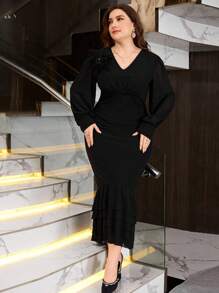 Modelyn Black,Autumn,Elegant,Formal,Evening,Formal Muslim Arabic Feather Rhinestone Lantern Embroidery V-Neck Multi-Layer Mermaid Plus Size Wedding Dress - Black - View 7