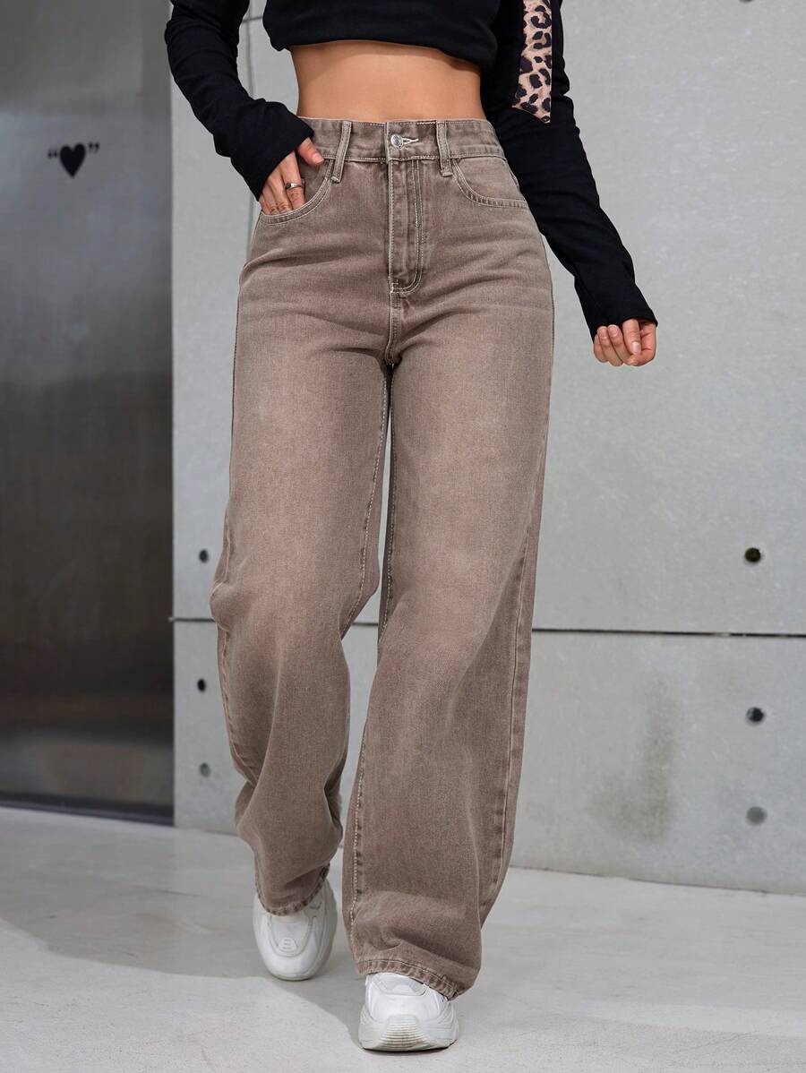 Casual Distressed Straight Leg Jeans - Brown - View 1