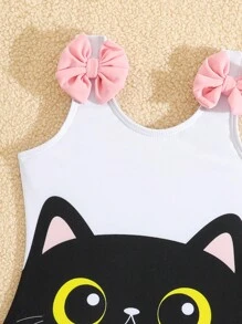 Baby Girl Contrast Color Cat Pattern 3D Flower Ruffled One-Piece Swimsuit - Black and White - View 5