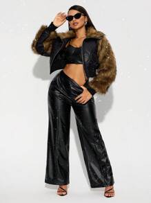 SHEIN SXY New Year's Elegant Sexy Nightclub Must Have Valentine's Day Casual Black And Brown Fake Fur Patchwork Warm Quilted Long Sleeve Short Jacket - Black - View 4