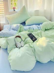 3 件套绿色和蓝色超柔软羽绒被套，1 个羽绒被套和 2 个枕套，无填充物，可机洗 - 綠色 - 查看 1