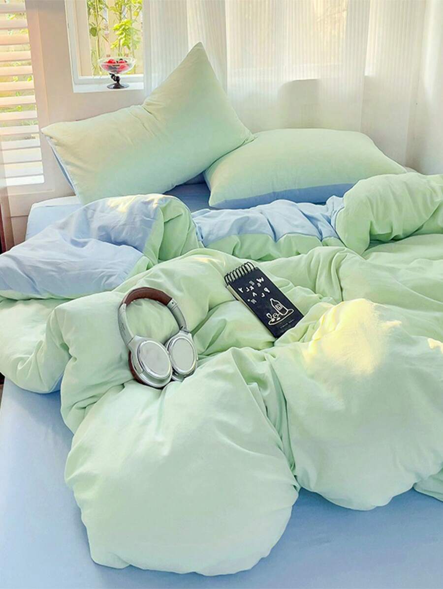 3 件套绿色和蓝色超柔软羽绒被套，1 个羽绒被套和 2 个枕套，无填充物，可机洗 - 綠色 - 查看 1