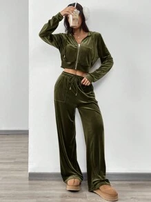 SHEIN EZwear Set de 2 piezas compuesto por chaqueta con capucha con cremallera de terciopelo de punto verde y pantalones con cordón para mujer