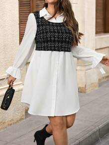 SHEIN Clasi Conjunto de 2 piezas de top de tirantes y vestido de talla grande elegante con contraste de color tweed - Blanco y Negro - Ver 3