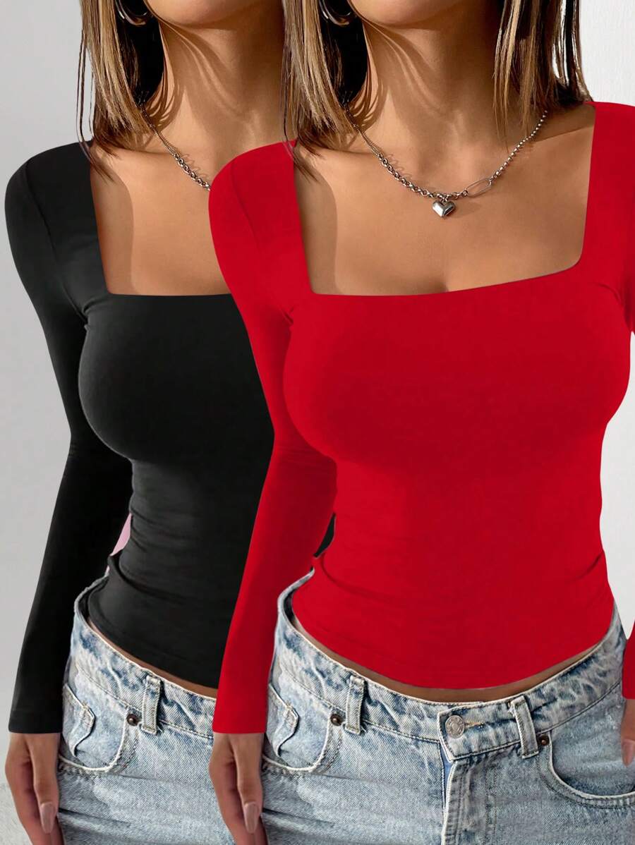 INAWLY 女士侧褶圆领修身长袖 T 恤 - 紅色 - 查看 1