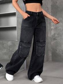 SHEIN EZwear Women's Casual Washed Wide-Leg Cargo Jeans