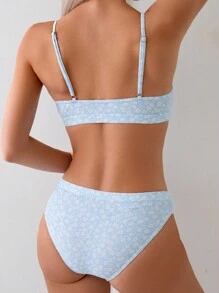 Swim Mod Summer Beach Ditsy Floral Print Bikini Set - Baby Blue - View 2