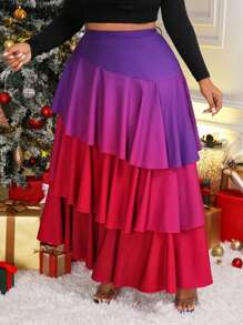 Slaydiva Plus Size Women's High Waist Patchwork Multi-Layer Ruffle Gradient Color Midi Skirt, Fashionable - Multicolor - View 7