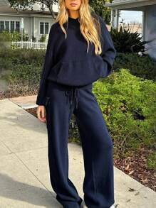 INAWLY 2pcs Women Knitted Casual Suit, Thick, Navy Blue, Suitable For Autumn & Winter
