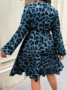 SHEIN Clasi Plus Size Women Leopard Print Overlap V-Neck Lantern Sleeve Fashion Dress, Autumn