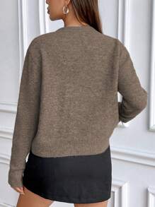 Calvaya Casual Style Solid Color Crew Neck Long Sleeve Knitted Sweater Fall Winter - Brown - View 2