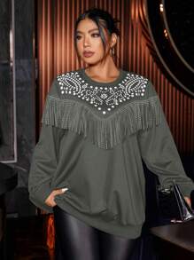 Allurite 大码女式圆领套头针织印花流苏水钻长袖卫衣（秋季款）