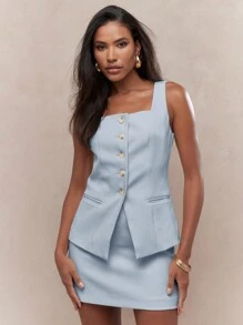 MISSGUIDED 女士纽扣前背心迷你裙 Co Ord 方领修身夏季专业商务面试办公室派对正式现代套装