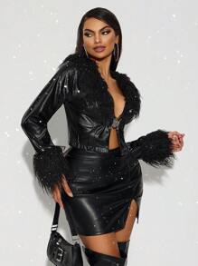 SHEIN SXY PU 人造毛衣领和袖口女式黑色赛博朋克夹克 - 黑色 - 查看 6