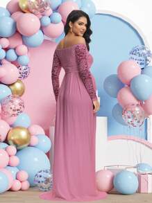 Maternity Lace V-Neck Long Sleeve Dress Maxi Gown For Photography Baby Shower Party - Red Violet - View 2