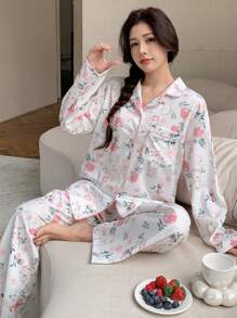 DAZY Floral Print Contrast Color Trim Long Sleeve Pajama Set