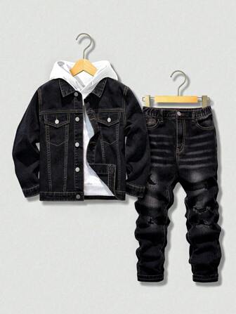 SHEIN Tween Boy 休闲复古破洞牛仔装，百搭百搭街头风格套装，舒适的 2024 年新品，适合日常穿着