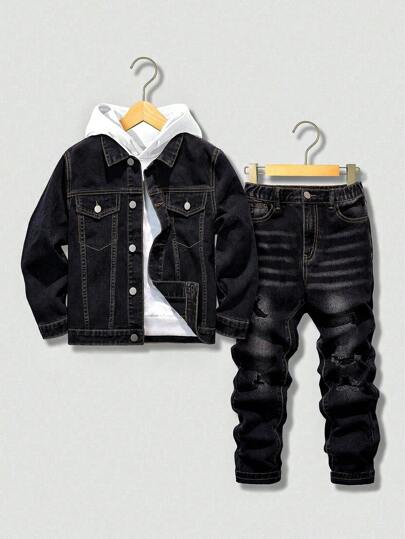 SHEIN Ensemble casual vintage délavé pour jeune garçon, tenue polyvalente tout-aller de style de rue, nouveau modèle 2024 confortable convenant pour un usage quotidien