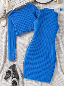 2pcs/Set Tween Girl Casual Outfit, Includes Pearl Decor Long Sleeve Top & A-Line Ruffle Hem Dress, Elegant Outdoor Wear, Spring/Autumn Summer Holiday - Blue - View 2
