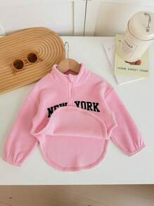 SHEIN Babygirl Cute Versatile Fuzzy Pink Letter Graphic Stand Collar Asymmetrical Hem Sweatshirt, Autumn/Winter - Pink - View 3