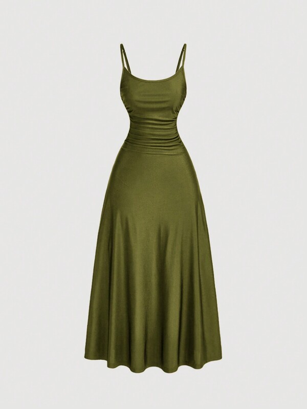 SHEIN MOD Vestido de tirantes finos con cintura fruncida y dobladillo acampanado en unicolor para mujer talla grande, vestido semiformal, vestido elegante para té, vestido fluido para atuendos de crucero