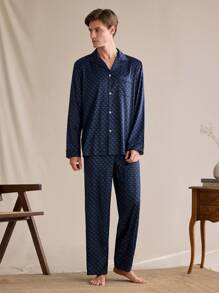 EverLounge 男士种马印花翻领长袖单排扣上衣和长裤家居服套装 - 藍色 - 查看 4