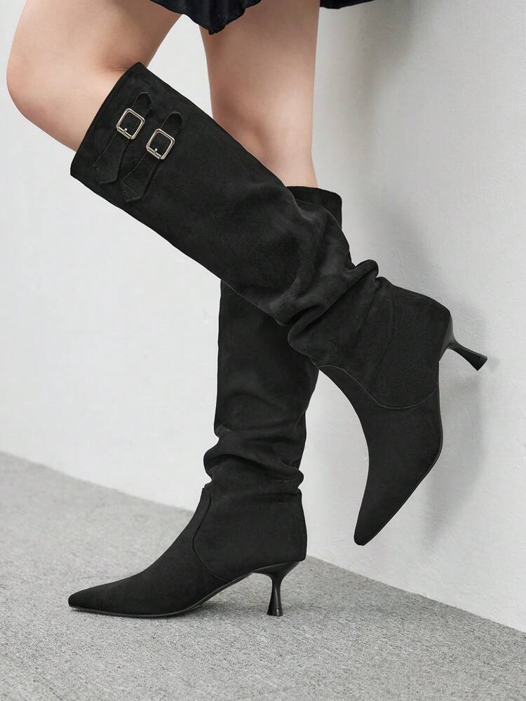 CUCCOO BIZCHIC Women's Fashion Versatile Minimalist Black Pointed Toe Thigh High Boots For Christmas And New Year Holiday