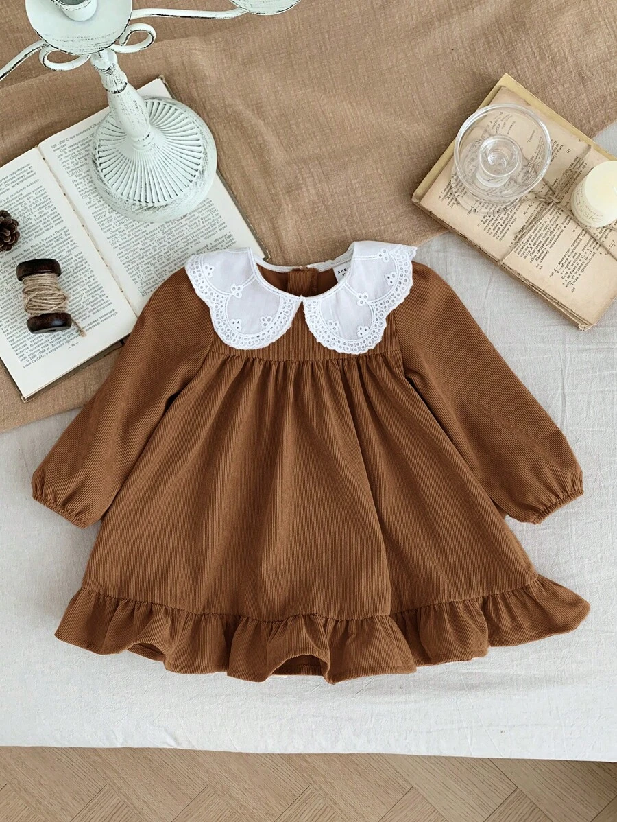 SHEIN LMoss Kids 女婴可爱棕色灯芯绒拼布彼得潘领长袖连衣裙,秋冬 - 棕色 - 查看 1