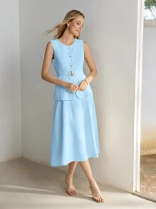 MOTF PREMIUM Vestido midi con botones delanteros, sin mangas y cinturón para mujer