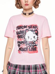 ROMWE Avant Letter & Animal Print Fitted T-Shirt - Baby Pink - View 2